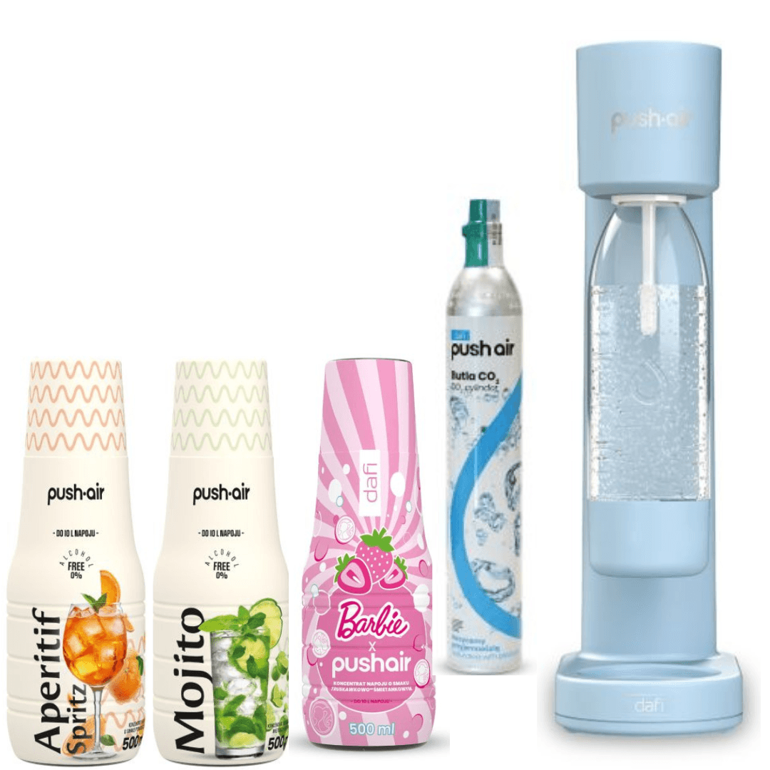 PUSHAIR Dafi saturatore d'acqua azzurro + cartuccia CO2 + bottiglia 0.7L + 3 sciroppi Dafi