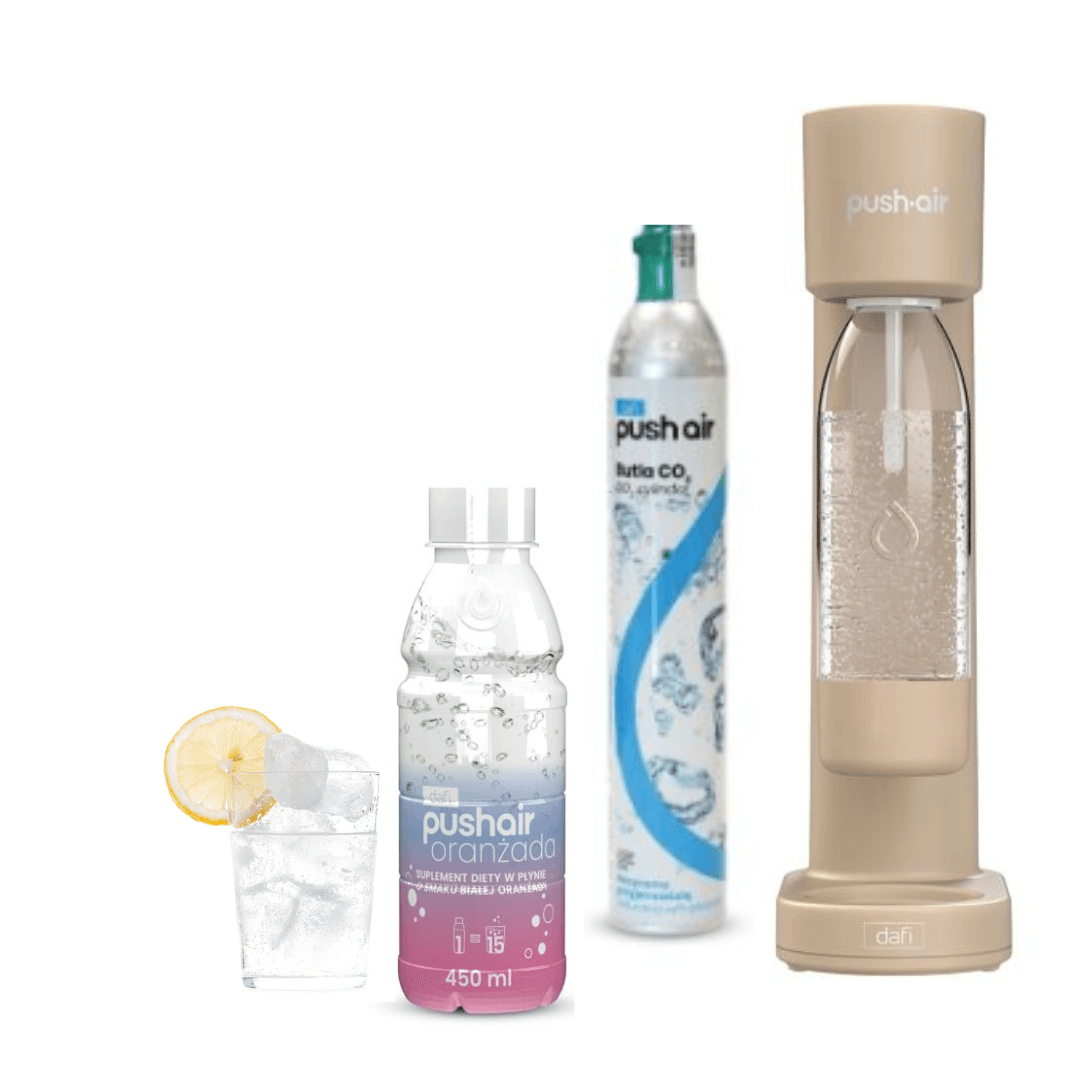 PUSHAIR Dafi Saturatore d'acqua CAPPUCCINO + Cartuccia CO2 + Bottiglia 0,7 L + Sciroppo Soda Bianco Arancia 450 ml