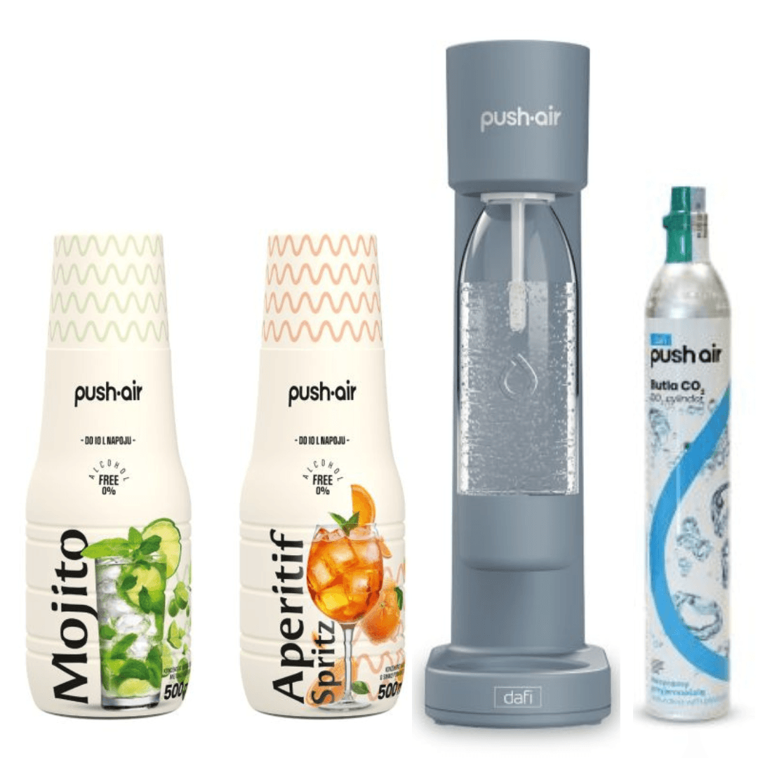 PUSHAIR Dafi saturatore d’acqua acciaio + cartuccia CO + bottiglia 0,7 L + 2 sciroppi