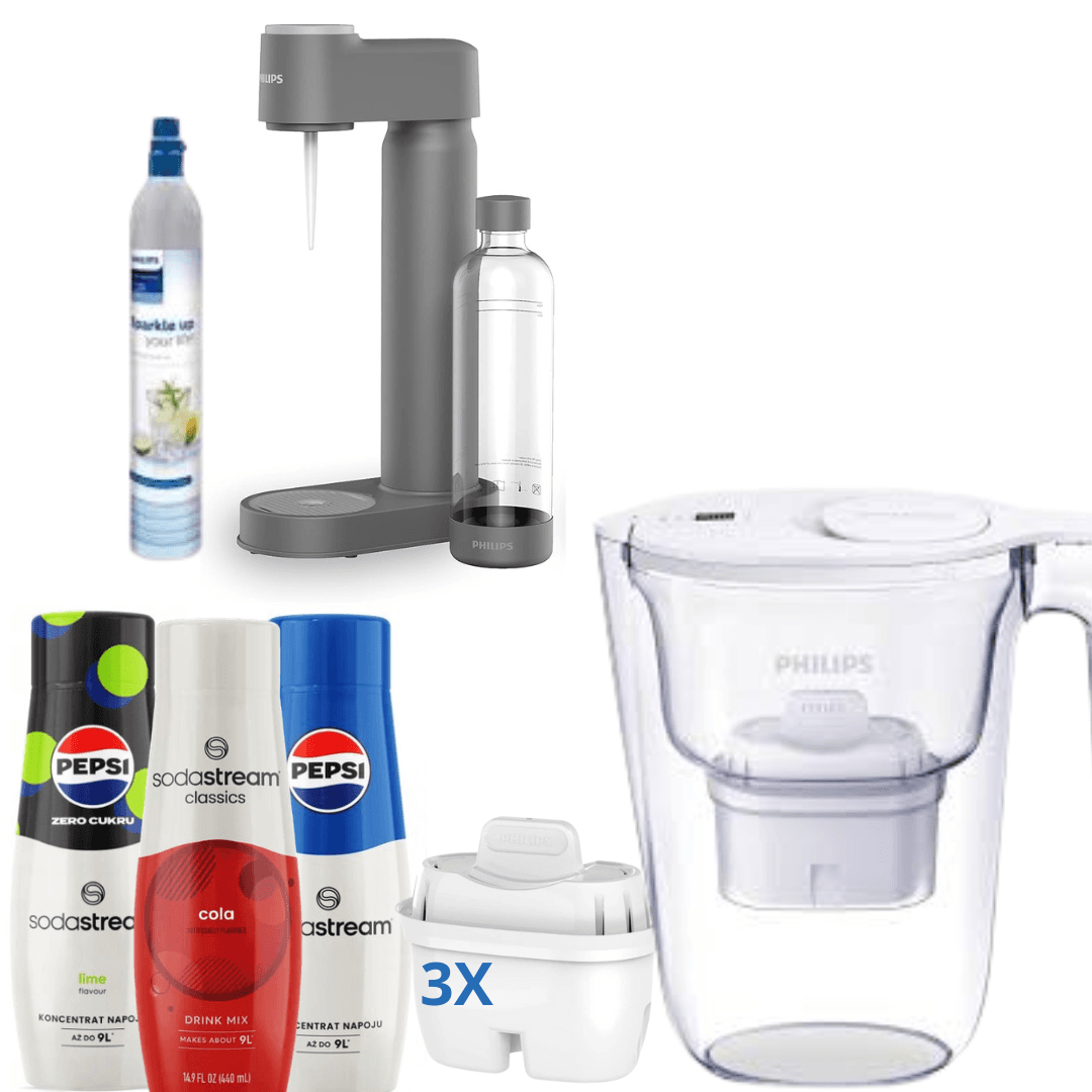 Philips Lite Soda Maker con cartuccia CO2, Grigio + 3 sciroppi + Caraffa filtrante Philips, Bianca