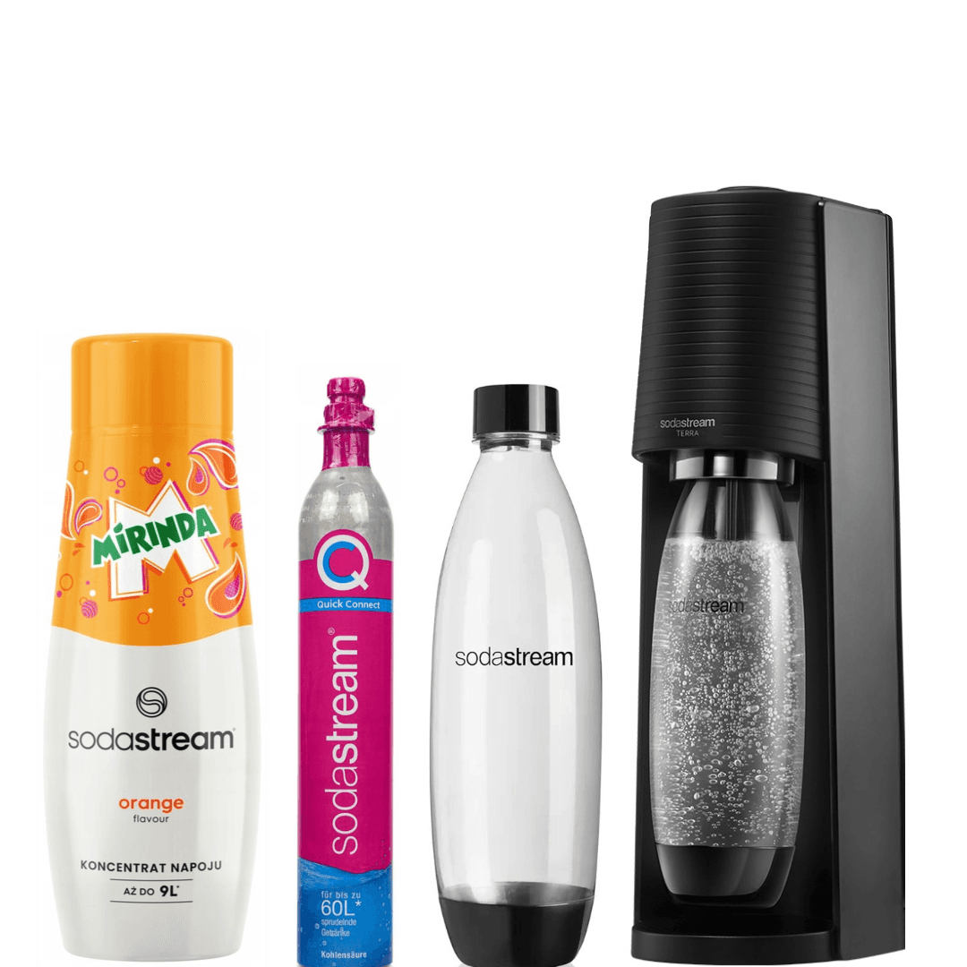 Set SodaStream Gasatore Terra Nero + 2 Bottiglie Fuse da 1L + Sciroppo MIRINDA