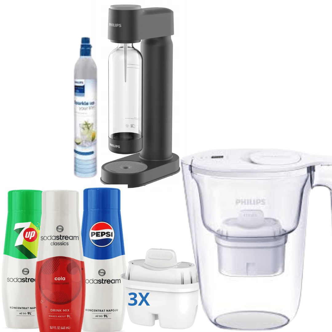 Macchina per soda Philips, con cartuccia CO + 3 x Sciroppi + Brocca Filtrante