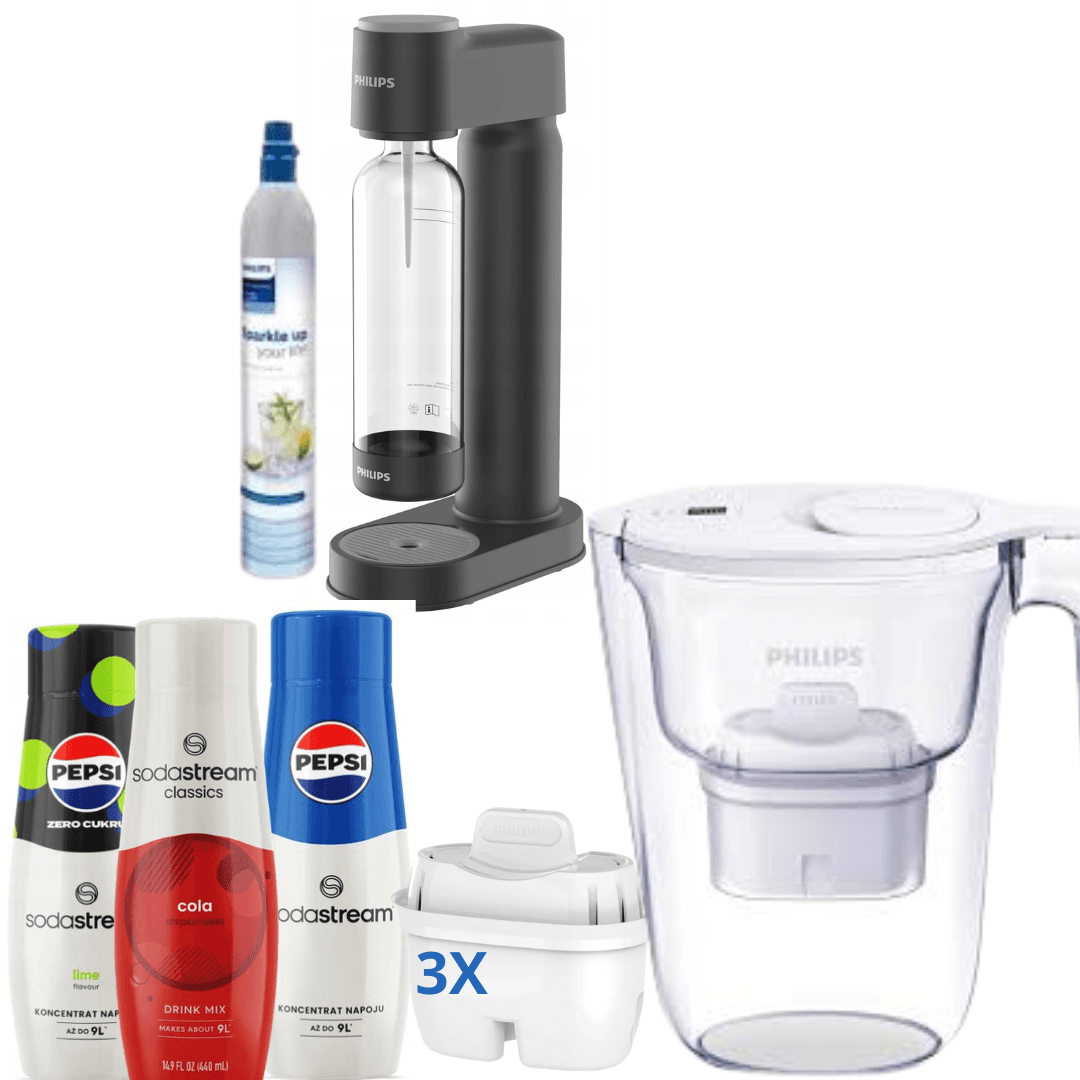 3 x Sciroppi + Macchina per soda Philips, con cartuccia CO + Brocca Filtrante Philips