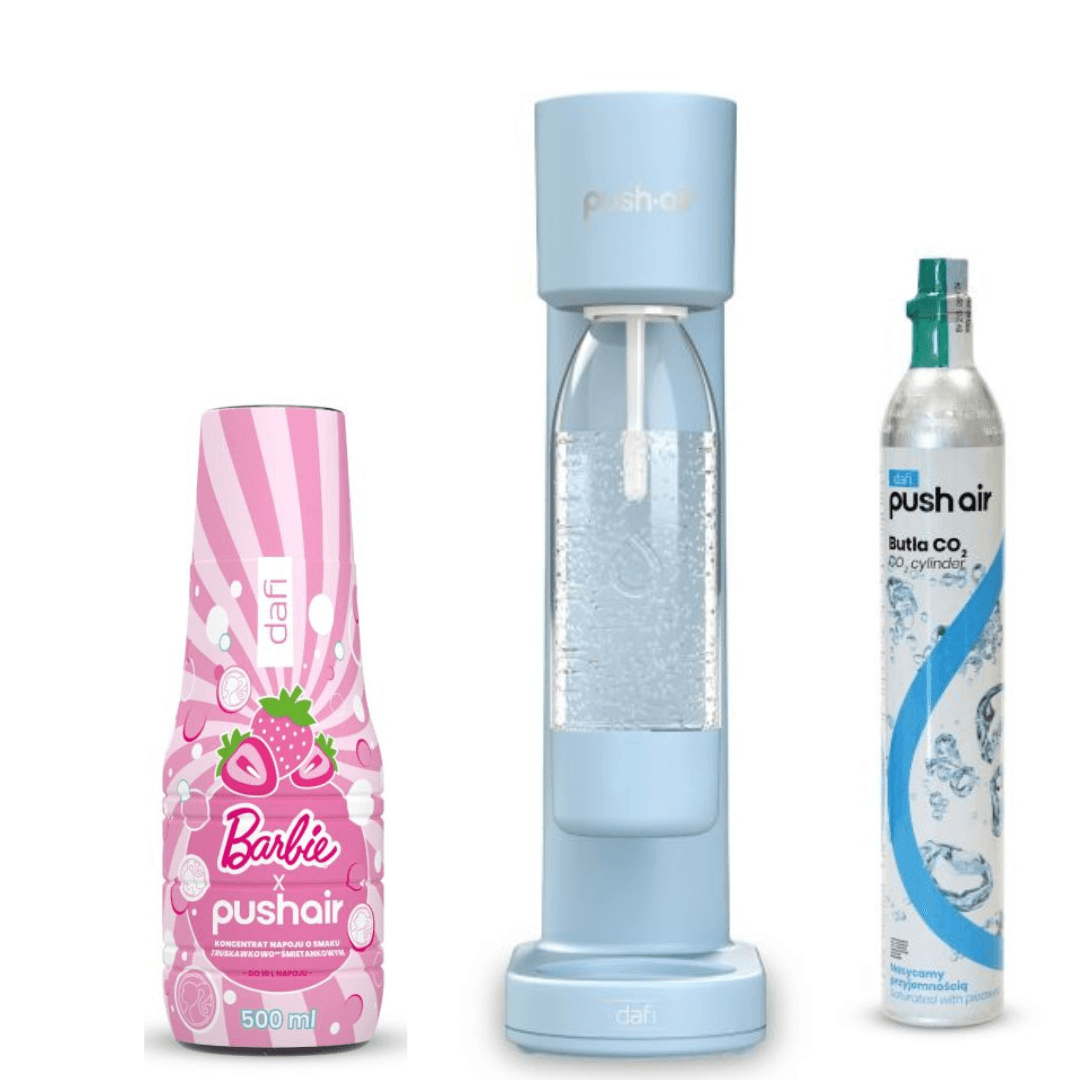 Saturatore d'acqua PUSHAIR Dafi Azzurro + Cartuccia CO₂ + Bottiglia 0,7 l + Sciroppo d'acqua PUSHAIR BARBIE 500 ml