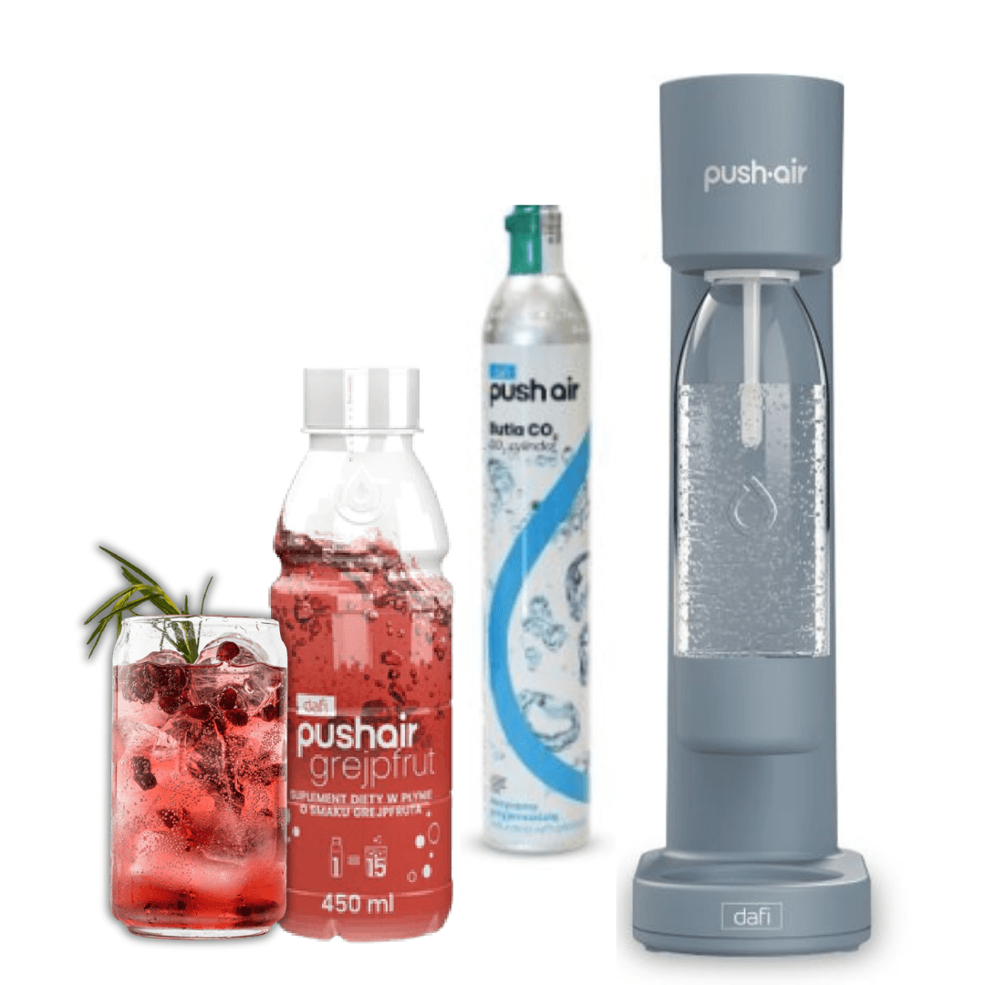 PUSHAIR Dafi saturatore d'acqua in acciaio + cartuccia CO₂ + bottiglia da 0,7 l + sciroppo pompelmo 450 ml