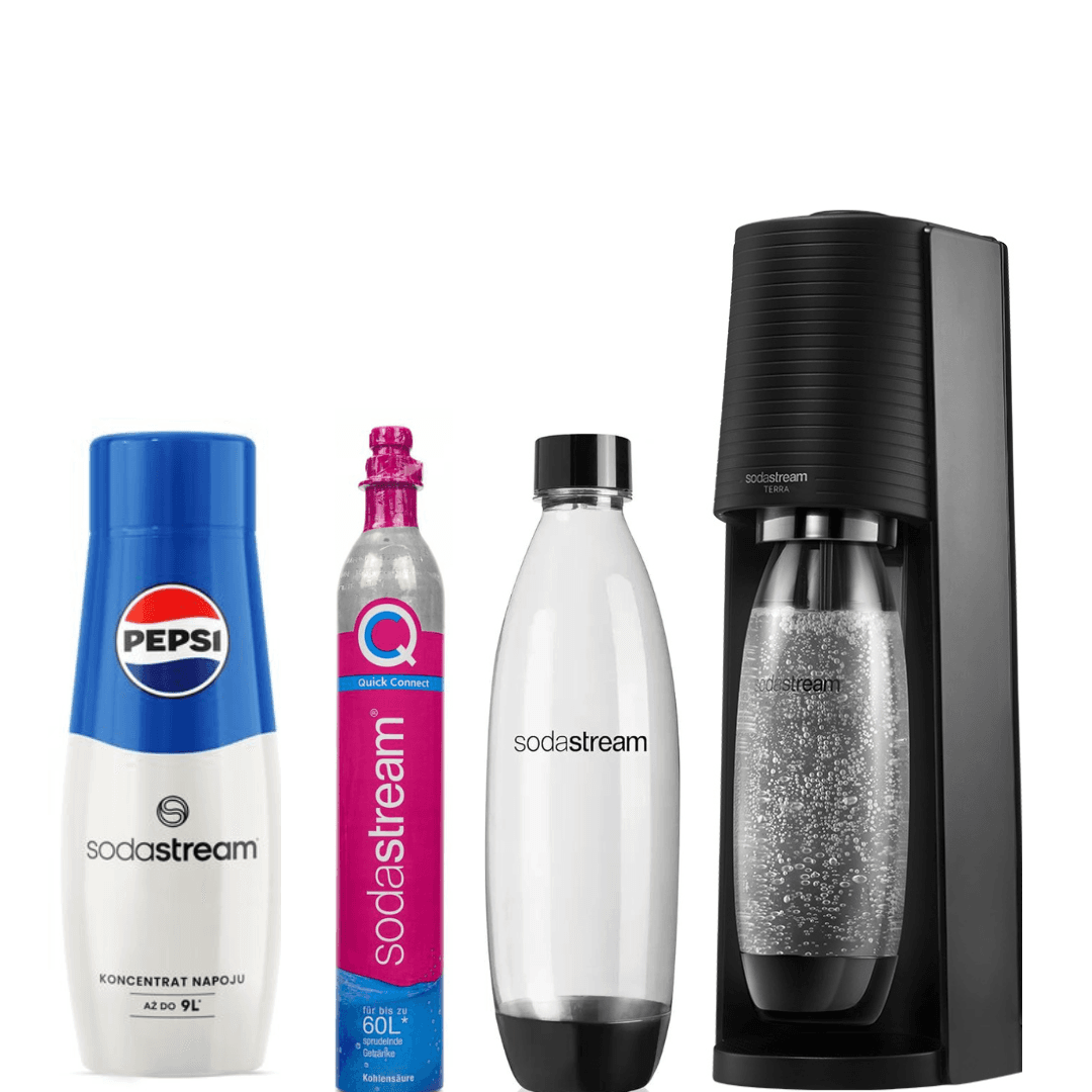 Set SodaStream Gasatore Terra Nero + 2 Bottiglie Fuse da 1L + Sciroppo PEPSI