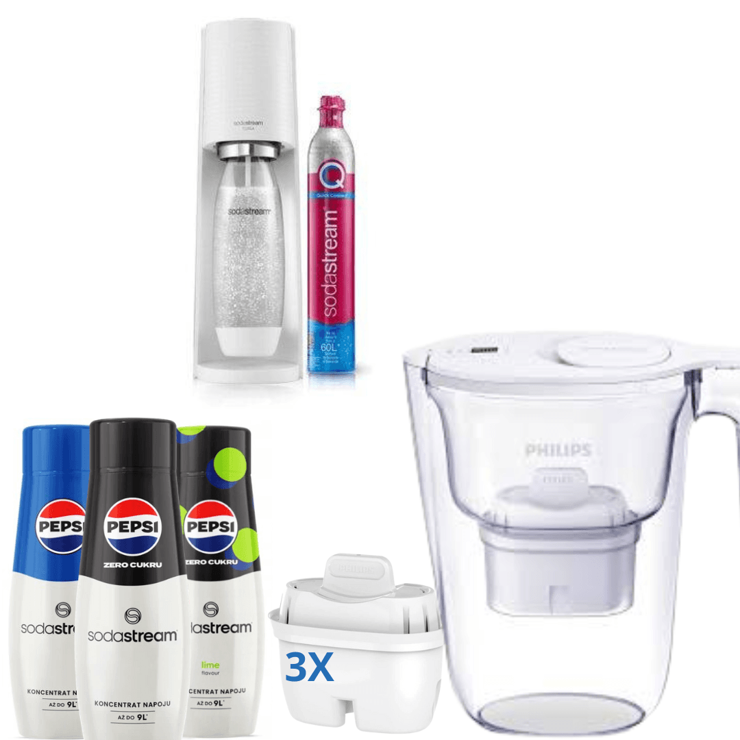 Gasatore Terra Bianco + 3 x Sciroppi + Caraffa filtrante Philips 2,6 L con timer