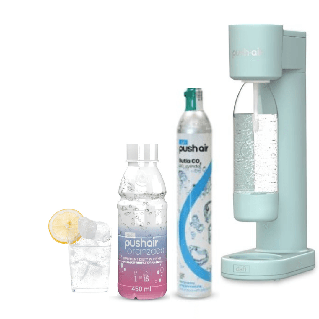 PUSHAIR Dafi Saturatore d’acqua MENTA + Cartuccia CO2 + Bottiglia 0,7 L + Sciroppo Soda Bianco Arancia 450 ml