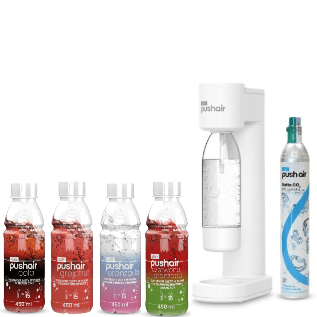 Saturatore PushAir Dafi Bianco con Cartuccia + Bottiglia 0,7 L + 4 Sciroppi