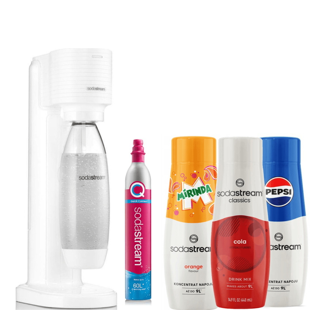 GAIA White – Gasatore per Acqua Frizzante + 3 Sciroppi SodaStream