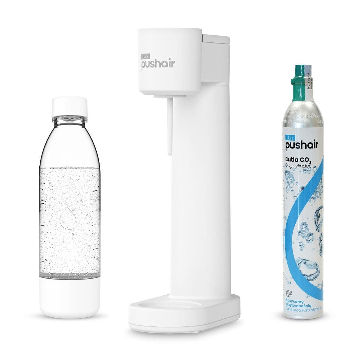 Saturatore d'acqua Dafi PUSHAIR bianco con sifone + cartuccia di CO2 + bottiglia da 0,7 L.