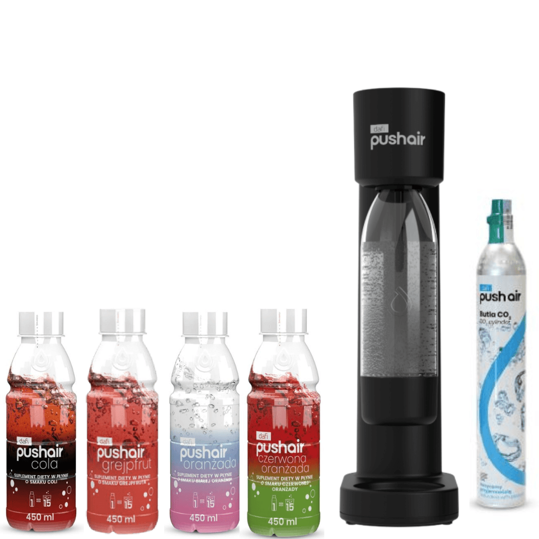Saturatore PushAir Dafi Nero + Cartuccia + Bottiglia 0,7 L + 4 Sciroppi