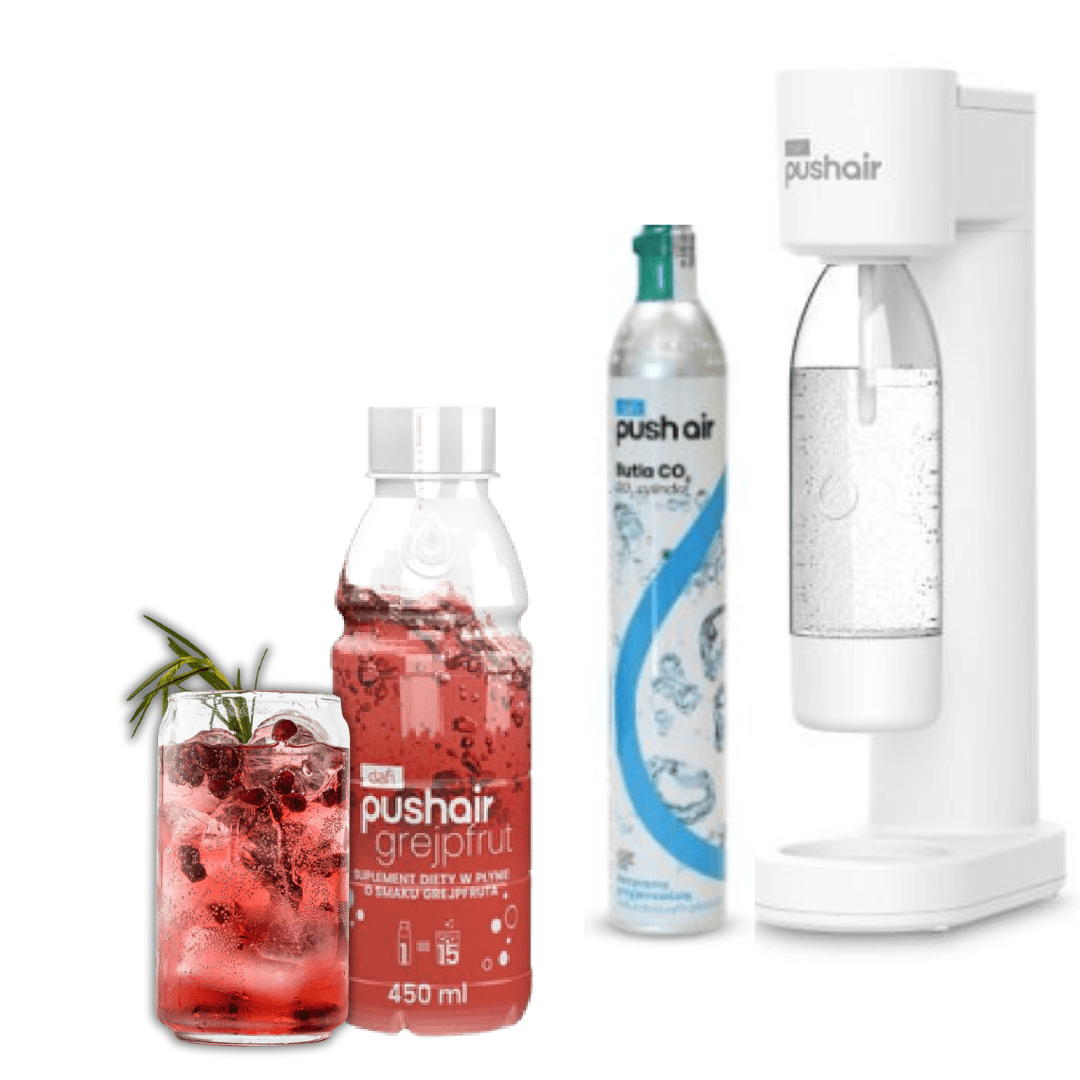 PUSHAIR Dafi saturatore d'acqua BIANCO + cartuccia CO₂ + bottiglia 0,7 L + sciroppo pompelmo 450 ml
