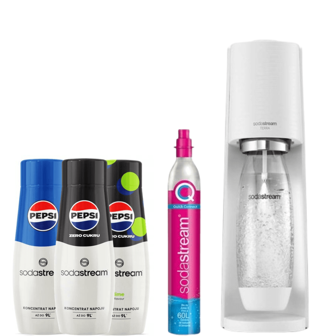 SodaStream Terra White Soda Maker + 3 x Sciroppi