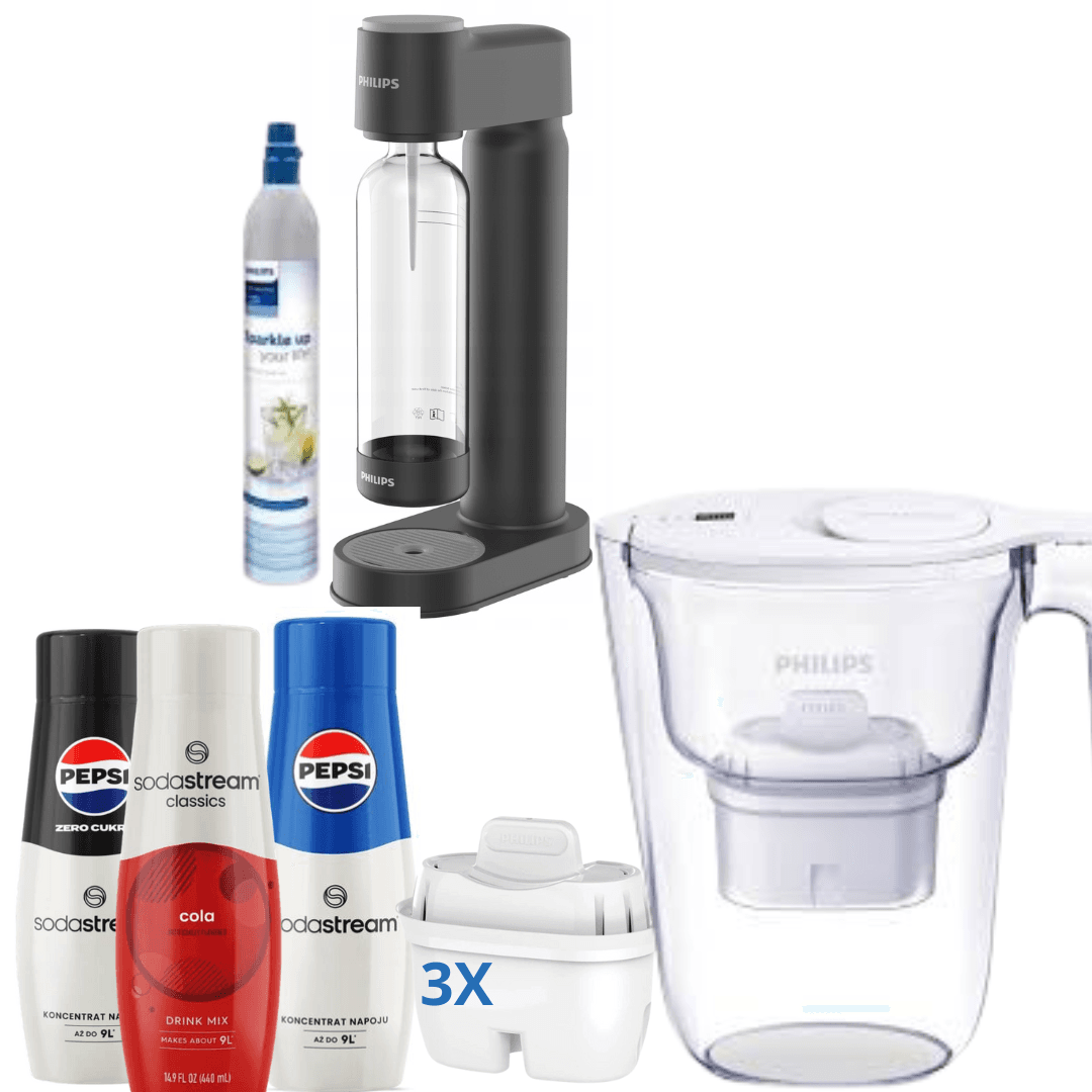Brocca Filtrante Philips + Macchina per soda Philips, con cartuccia CO + 3 x Sciroppi