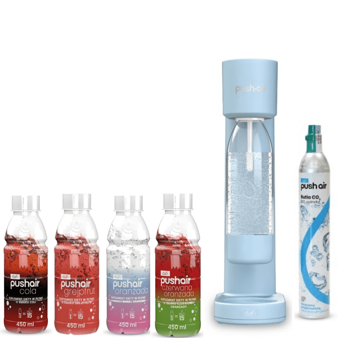 Saturatore d'acqua PUSHAIR Dafi azure + cartuccia CO2 + bottiglia 0,7 L + 4 x sciroppi