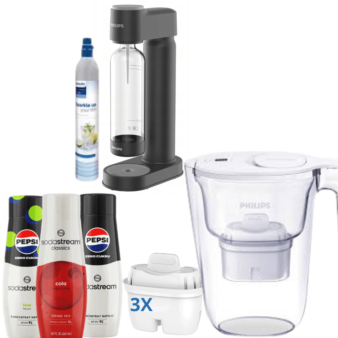 Macchina per soda Philips, con cartuccia CO + 3 x Sciroppi + Brocca Filtrante Philips