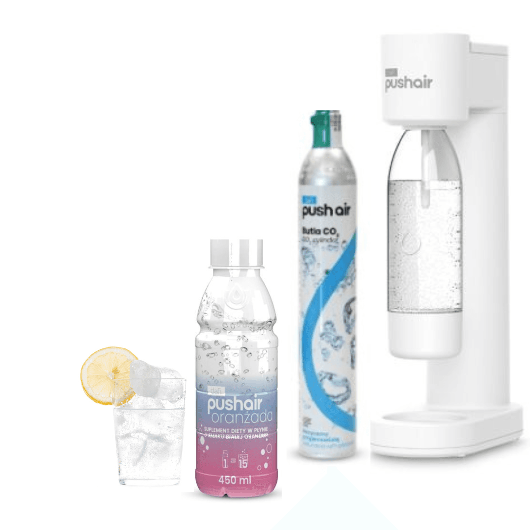PUSHAIR Dafi saturatore d'acqua BIANCO + cartuccia CO₂ + bottiglia 0,7 L + sciroppo soda all'arancia bianca 450 ml