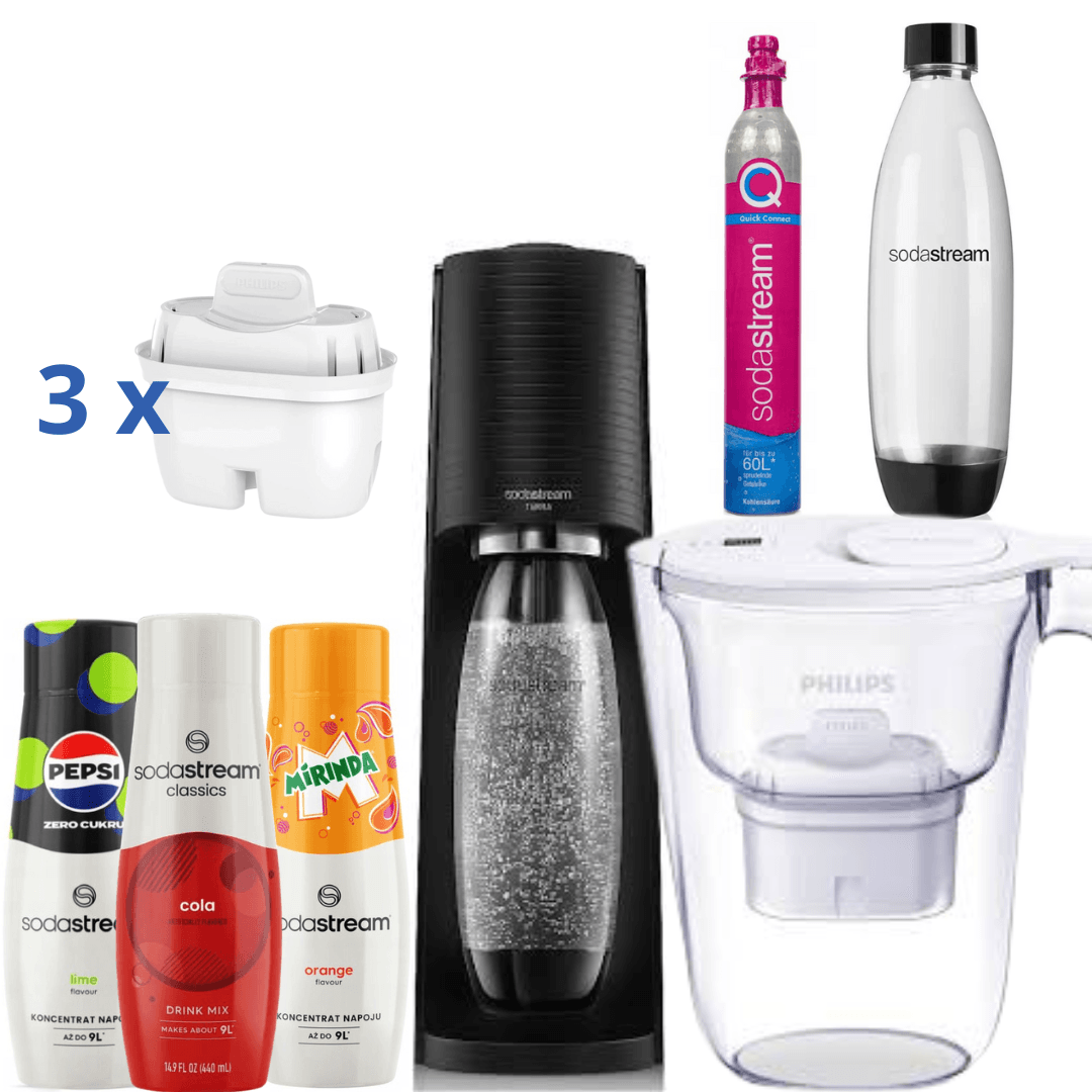 3 Sciroppi + Gasatore SodaStream + Caraffa filtrante Philips