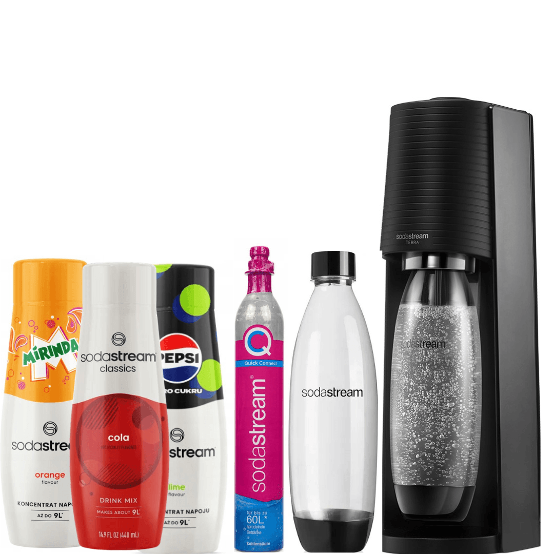 SodaStream Set Terra Nero + 2 Bottiglie Fuse 1L + 3 X Sciroppi