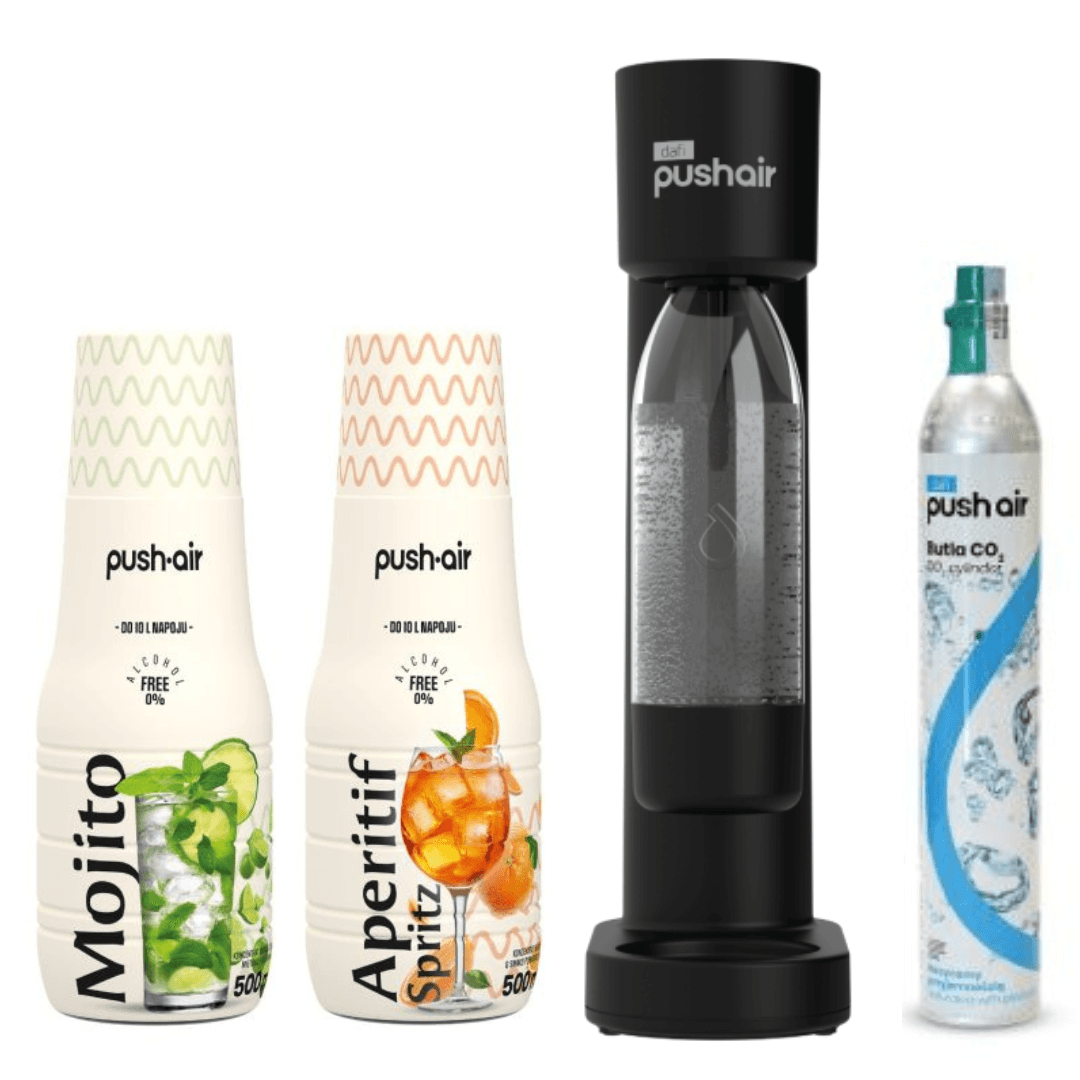 Saturatore d’acqua PUSHAIR Dafi nero + Sifone + Cartuccia CO₂ + Bottiglia 0,7 l + 2 sciroppi