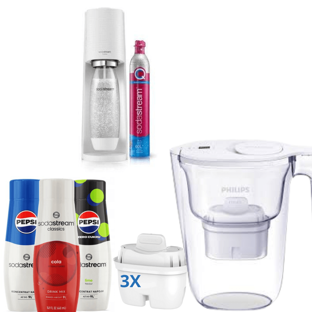 Macchina per soda Terra White + 3 x Sciroppi + Caraffa filtrante Philips, 2,6 L