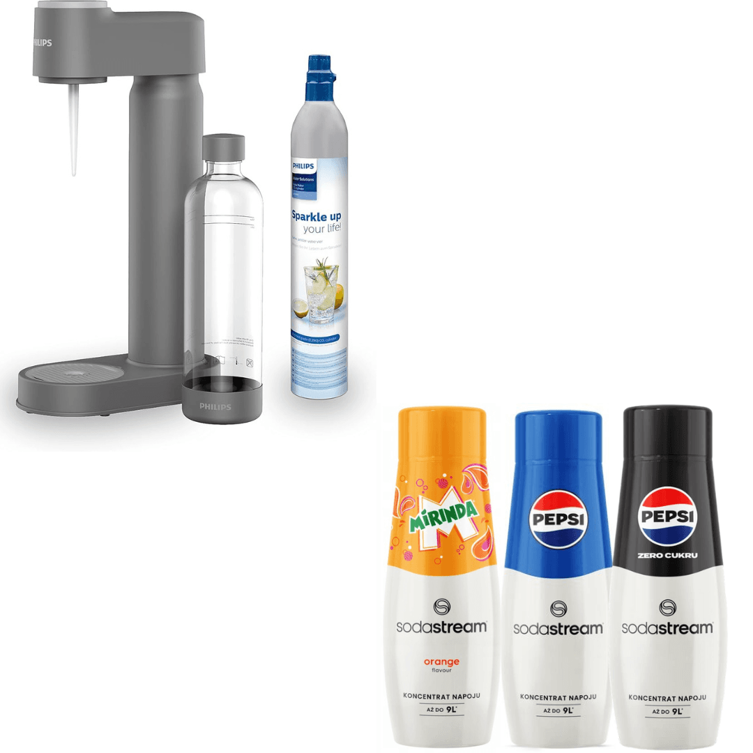 3 x sciroppi + Philips Lite Soda Maker, con cartuccia di CO2, Grigio
