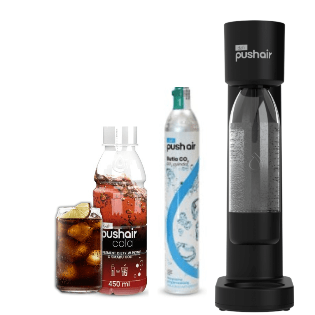 PUSHAIR Dafi Saturatore d'acqua NERO + Cartuccia CO2 + Bottiglia 0,7 L + Sciroppo Cola 450 ml