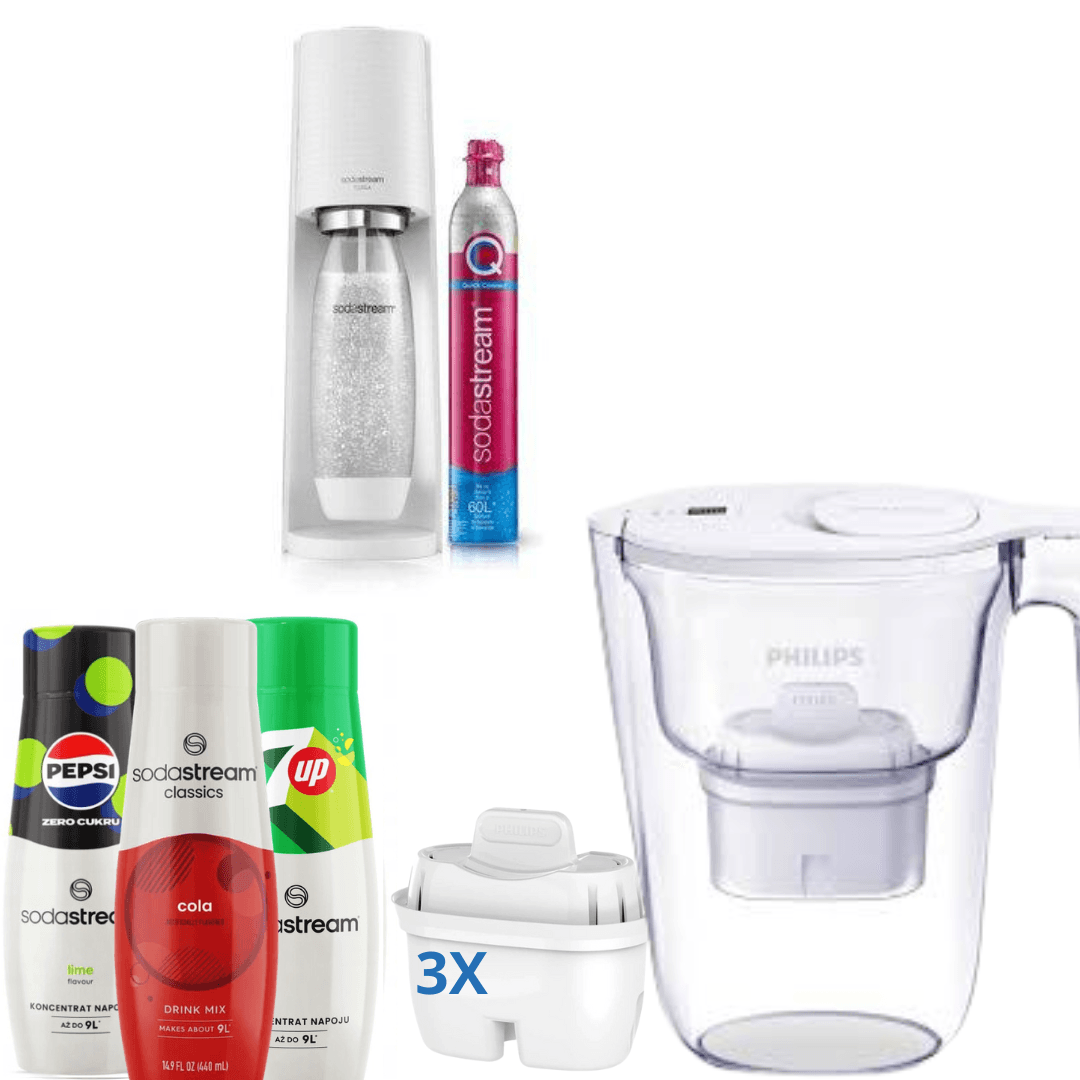 3 x Sciroppi + SodaMaker Terra White + Caraffa filtrante Philips, 2,6L