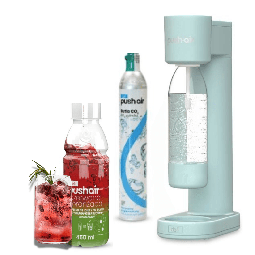 PUSHAIR Dafi saturatore d'acqua MENTA + bombola di CO₂ + bottiglia da 0,7 l + sciroppo di aranciata rossa 450 ml