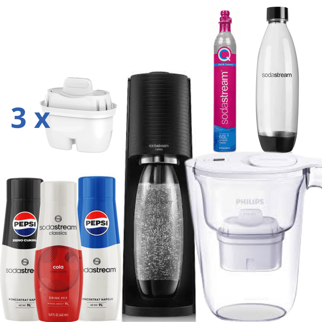 Brocca Filtrante 2,6 L Bianca + 3 Sciroppi + Saturatore SodaStream