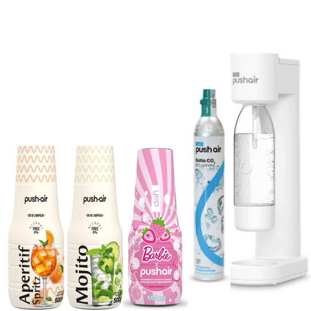 Saturatore d'acqua PUSHAIR di DAFI sifone bianco + cartuccia CO2 + bottiglia da 0,7 l + 3 sciroppi Dafi