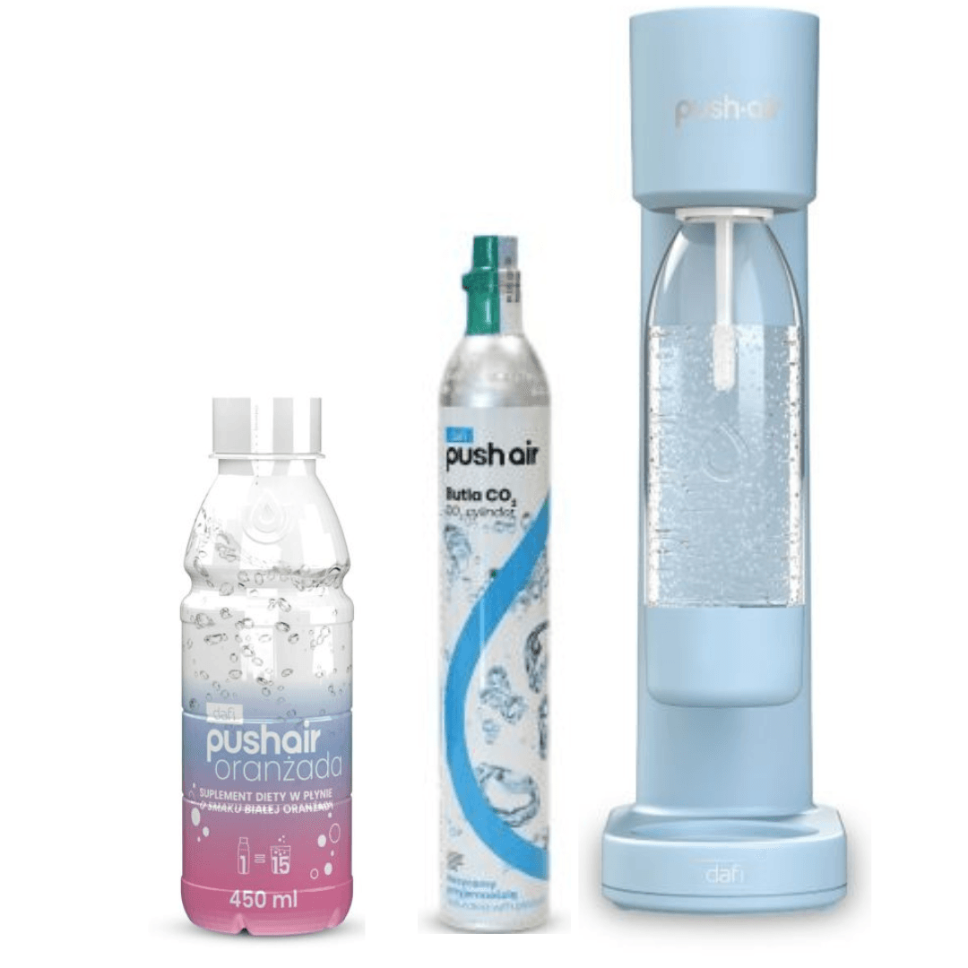 PUSHAIR Dafi saturatore d’acqua in colore azzurro + Bombola di CO₂ + Bottiglia da 0,7 l + Sciroppo di aranciata bianca 450 ml