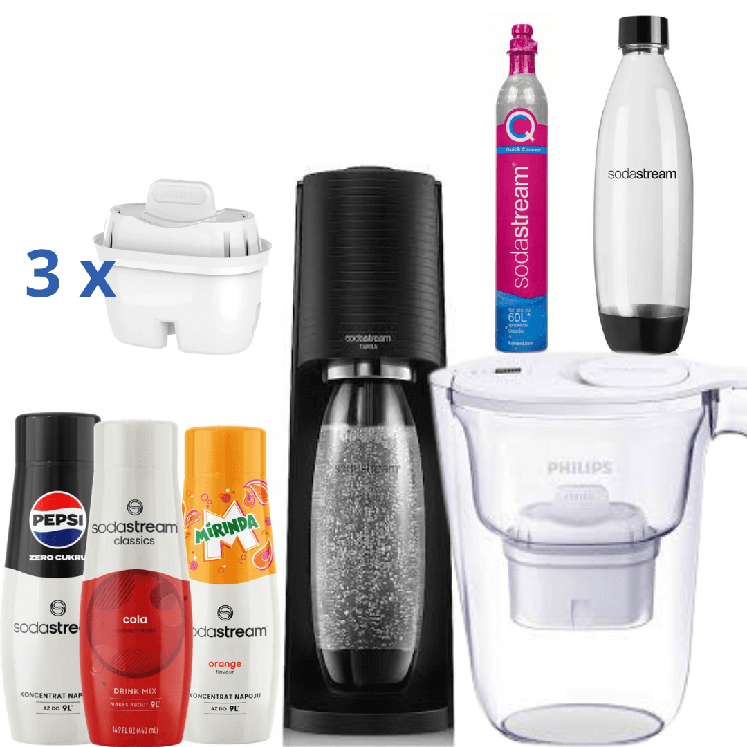 Gasatore SodaStream + Caraffa filtrante Philips + 3 Sciroppi