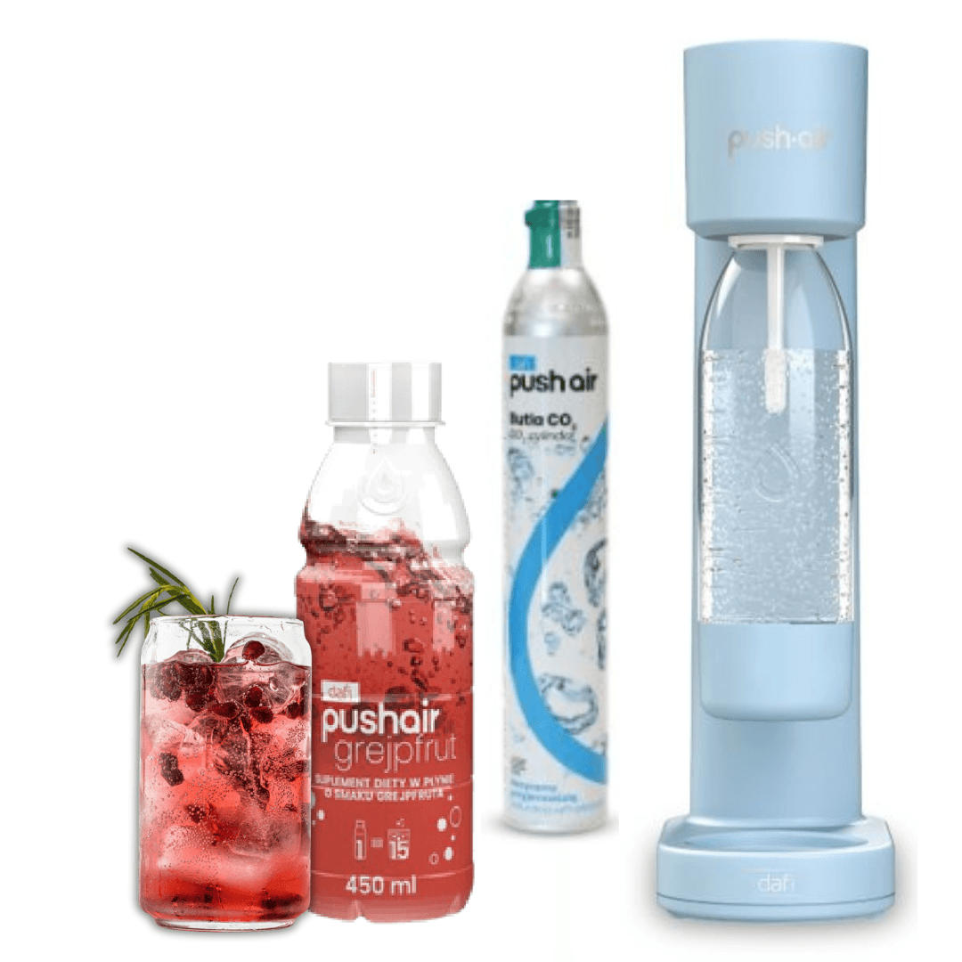 PUSHAIR Dafi saturatore d'acqua AZZURRO + cartuccia CO₂ + bottiglia 0,7 l + sciroppo pompelmo 450 ml