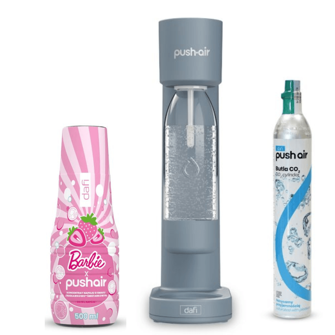 Saturatore d'acqua PUSHAIR Dafi acciaio + Cartuccia CO₂ + Bottiglia 0,7 l + Sciroppo d'acqua PUSHAIR BARBIE 500 ml