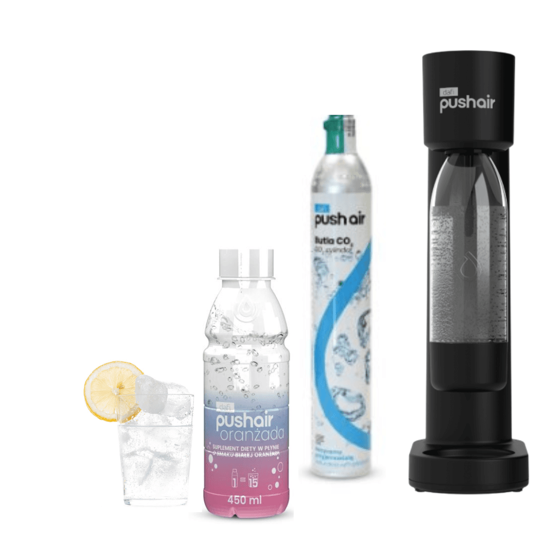 PUSHAIR Dafi Saturatore d'Acqua Nero + Cartuccia CO₂ + Bottiglia 0,7 L + Sciroppo Soda all'Arancia Bianca 450 ml
