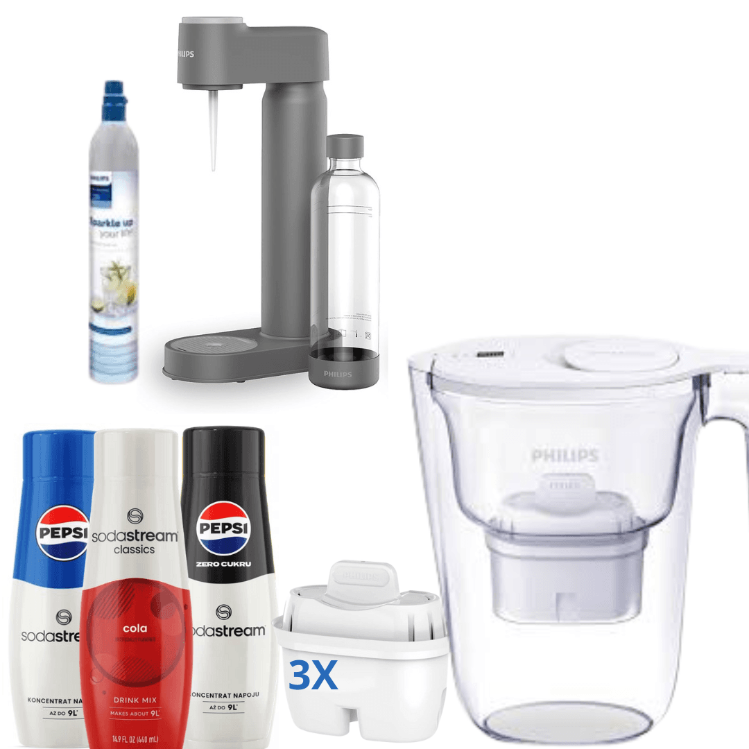 Gasatore Philips Lite con cartuccia CO₂, Grigio + 3 Sciroppi + Caraffa filtrante Philips 2,6 L