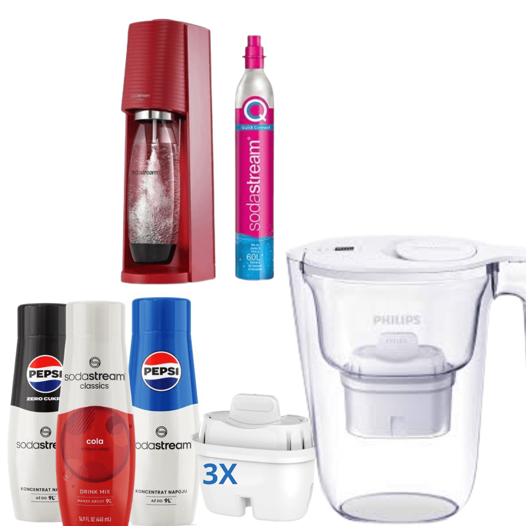 Soda Maker Terra Red + 3 x Concentrati + Caraffa Filtrante Philips, 2,6 L