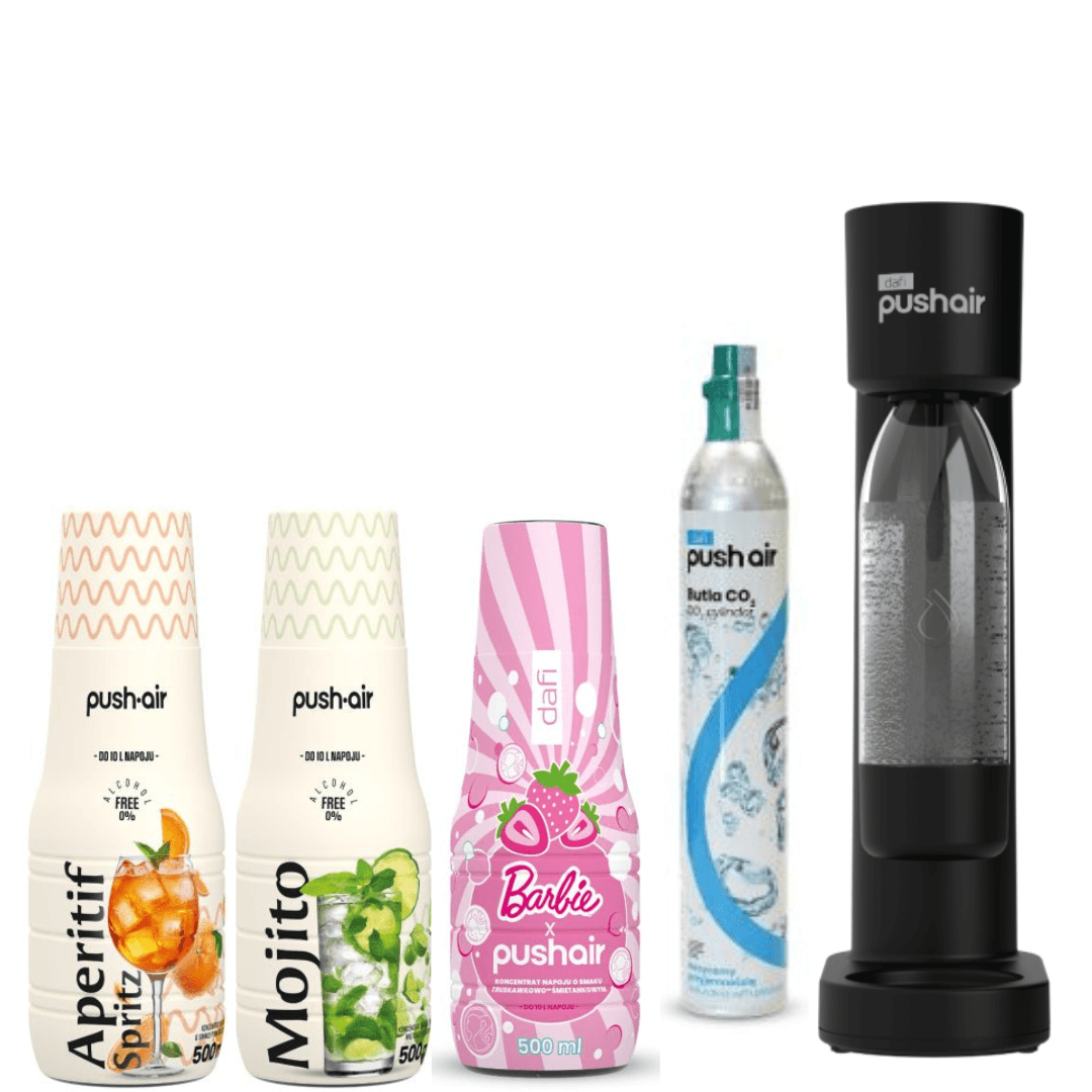 Saturatore d'Acqua PUSHAIR Dafi Sifone Nero + Cartuccia CO₂ + Bottiglia 0,7 L + APERITIF SPRITZ + MOJITO + BARBIE