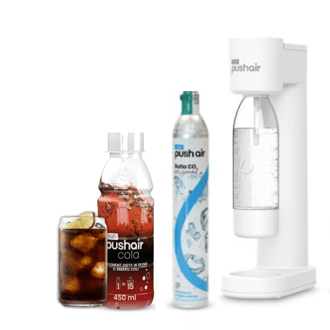 PUSHAIR Dafi Saturatore d'acqua BIANCO + Cartuccia CO2 + Bottiglia 0,7 L + Sciroppo Cola 450 ml