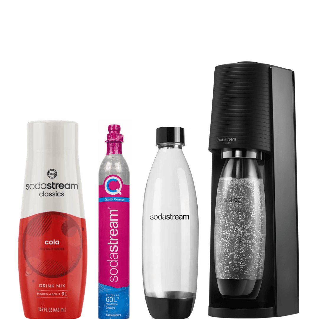 Set SodaStream Gasatore Terra Nero + 2 Bottiglie Fuse da 1L + Sciroppo Cola