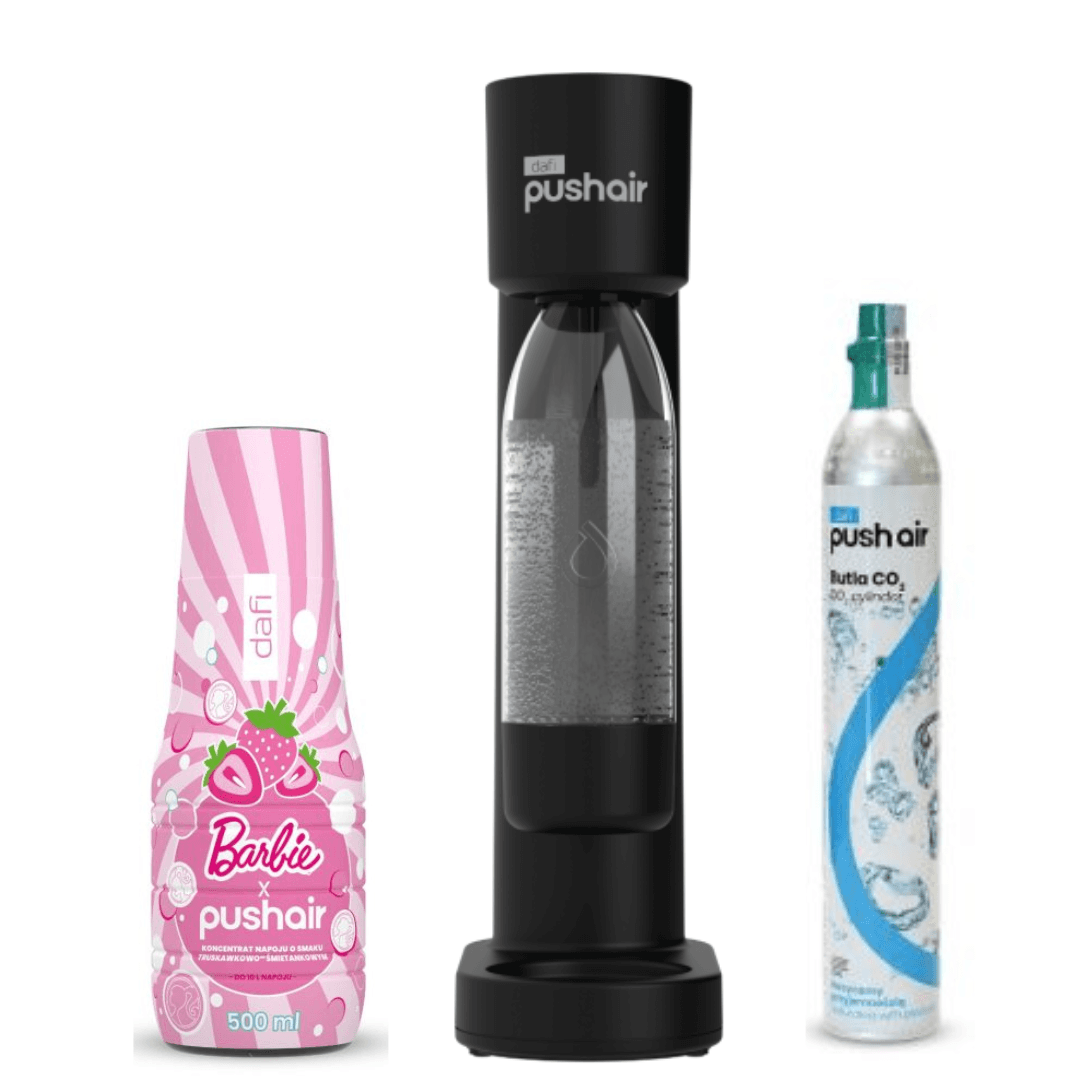 Saturatore d'acqua Dafi PUSHAIR sifone nero + cartuccia CO₂ + bottiglia da 0,7 l + sciroppo per acqua PUSHAIR BARBIE 500 ml
