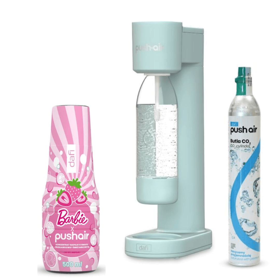 Saturatore d'acqua PUSHAIR Dafi Menta + Cartuccia CO₂ + Bottiglia 0,7 L + Sciroppo d'acqua PUSHAIR BARBIE 500 ml