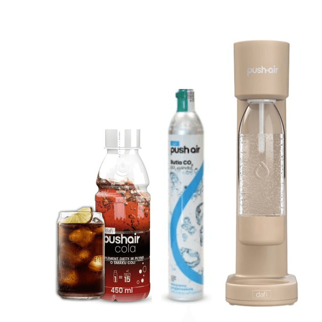 PUSHAIR Dafi Saturatore d'acqua CAPPUCCINO + Cartuccia CO2 + Bottiglia 0,7 L + Sciroppo Cola 450 ml