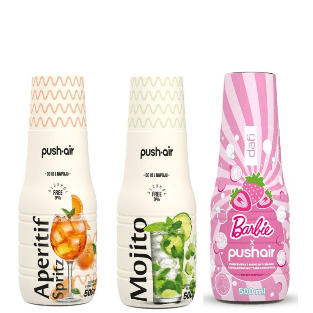 Saturatore d'acqua PUSHAIR Dafi acciaio + cartuccia CO₂ + bottiglia 0,7 l + sciroppo PUSHAIR BARBIE 500 ml