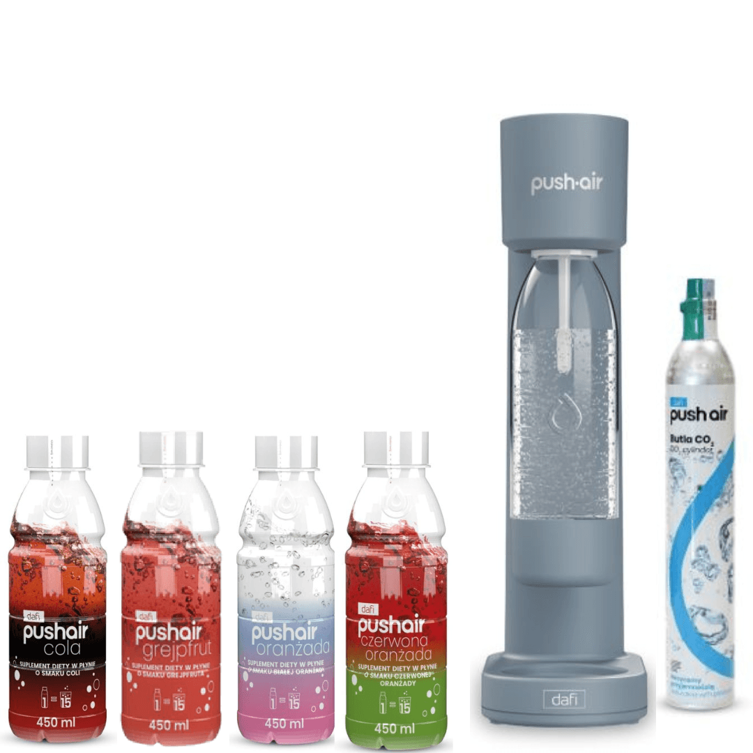 PUSHAIR Dafi saturatore d’acqua acciaio + cartuccia CO₂ + bottiglia 0,7 L + 4 x sciroppi