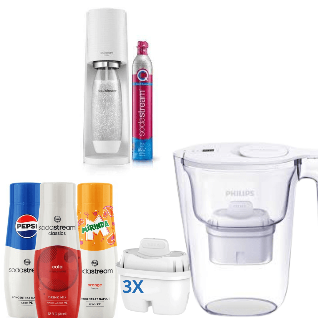 Caraffa Filtrante Philips + SodaStream TERRA White + 3 x Sciroppi