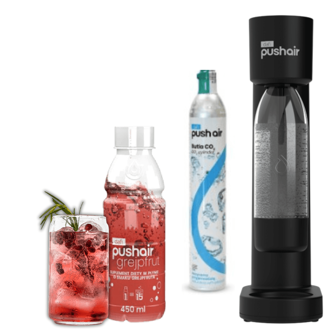 PUSHAIR Dafi saturatore d'acqua nero + cartuccia CO₂ + bottiglia 0,7 L + sciroppo pompelmo 450 ml