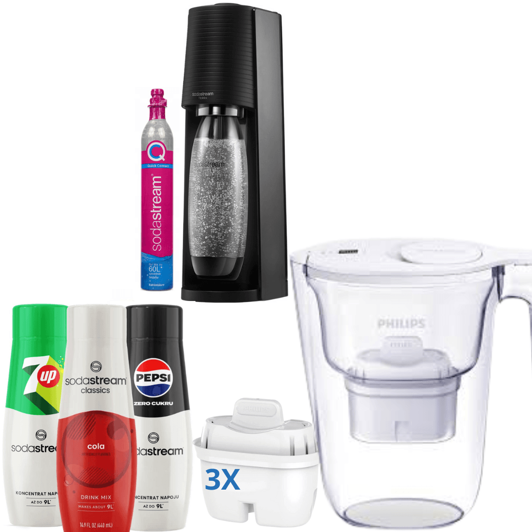 Macchina per soda GAIA Nero + 3 x Sciroppi + Brocca Filtrante Philips
